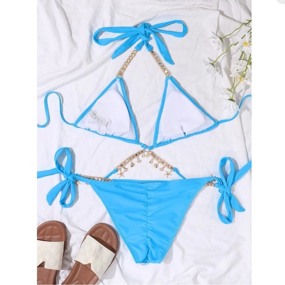 Rhinestone Embellished Bikini Swimsuit Blue - Picture 4 of 8